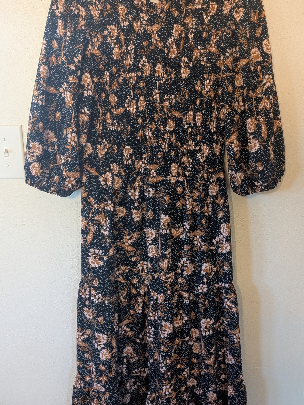 NWOT Sugarlips Black Midi Dress with Tan Floral Print